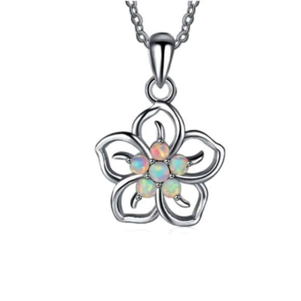 PRETTY WHITE FLOWER FIRE OPAL ON SILVER NECKLACE